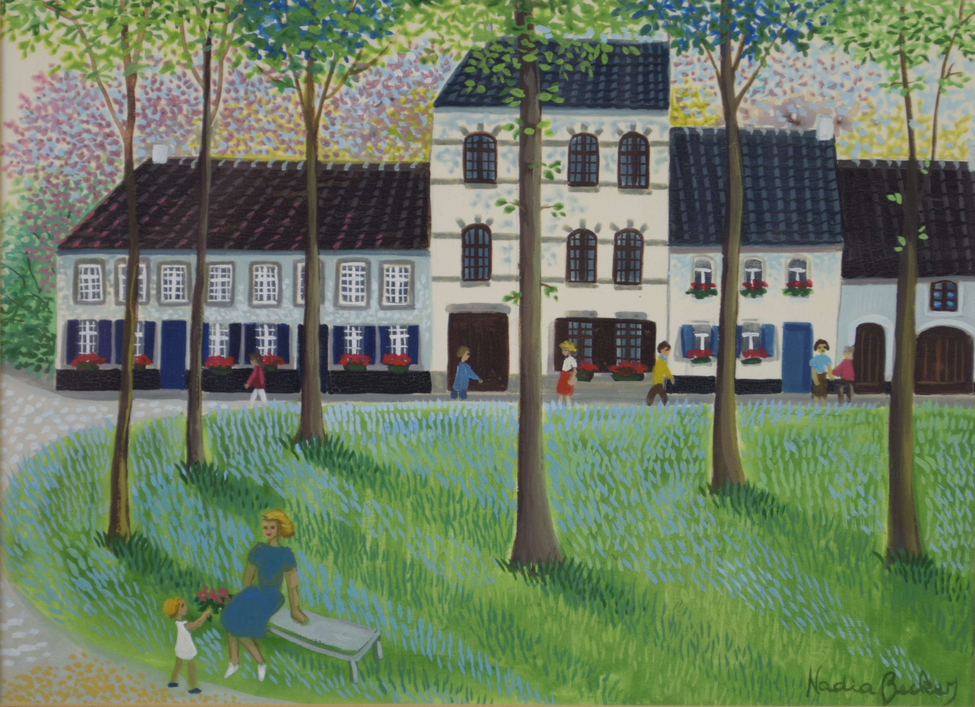 tableau Place d'Ohain la maison du peintre Becker Nadia personnage,village  gouache papier 2ième moitié 20e siècle