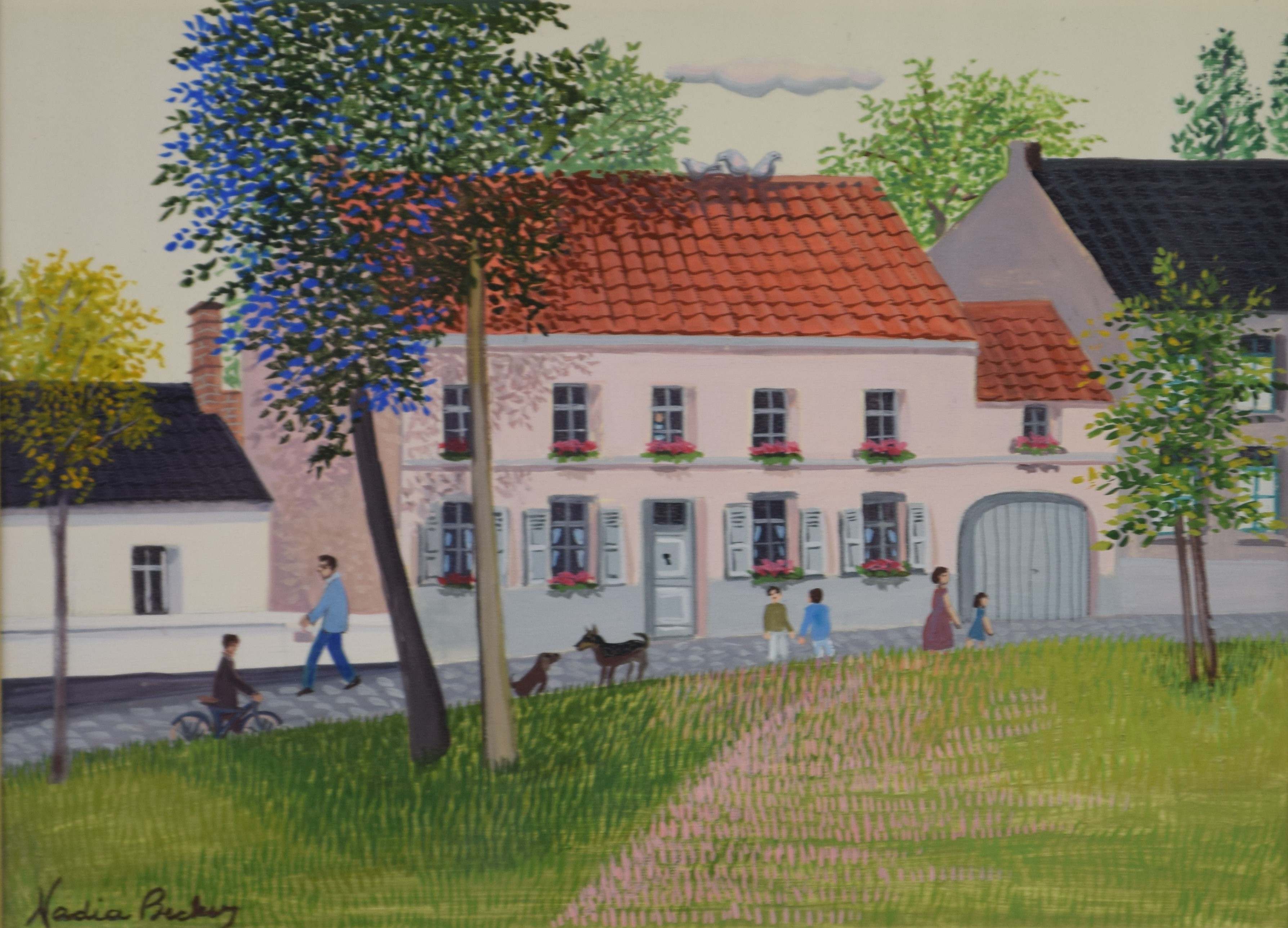 tableau Palce d'Ohain Becker Nadia personnage,village  gouache papier 2ième moitié 20e siècle