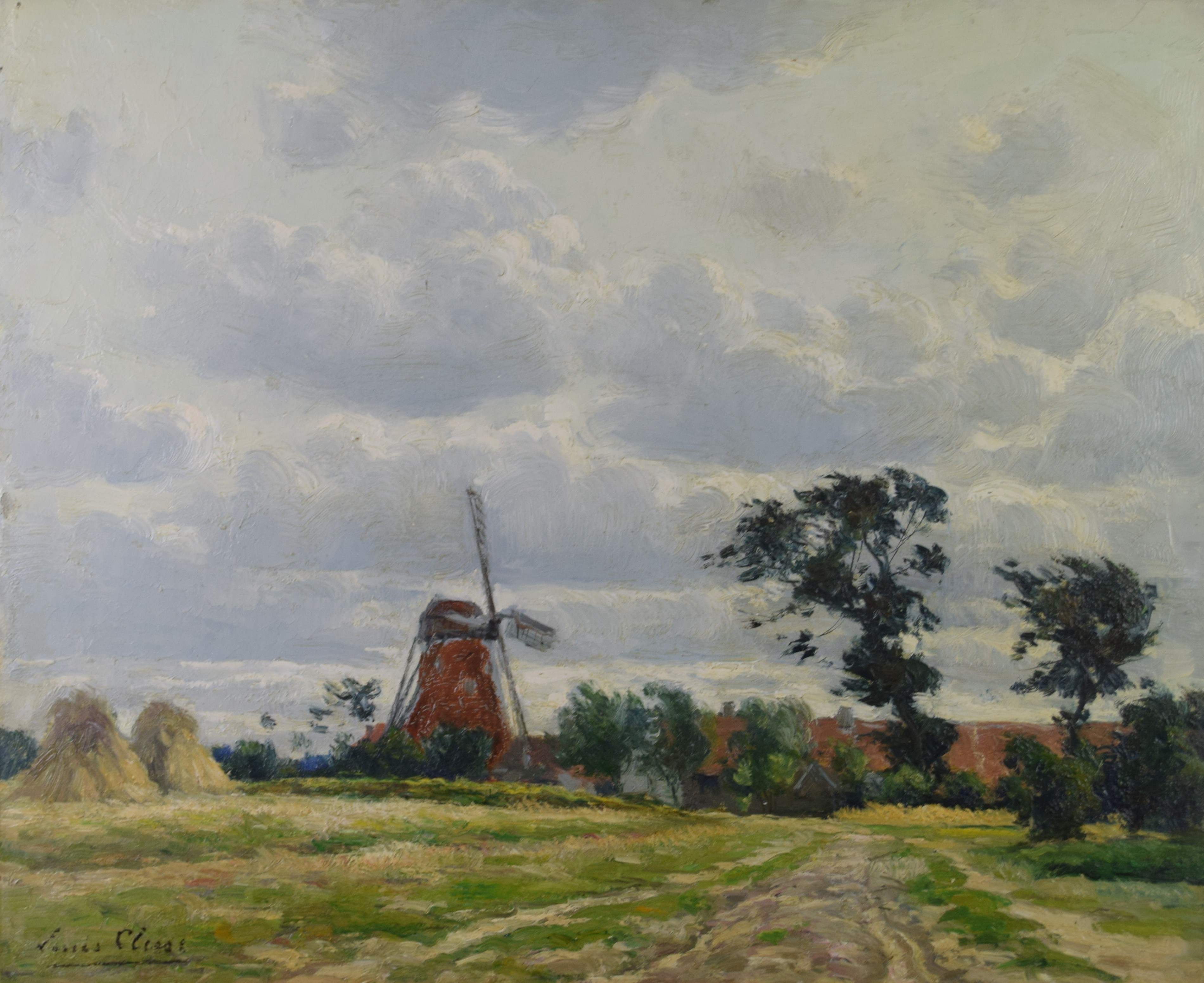 tableau Moulin en flandre Clesse Louis paysage  huile marouflé 1ère moitié 20e siècle
