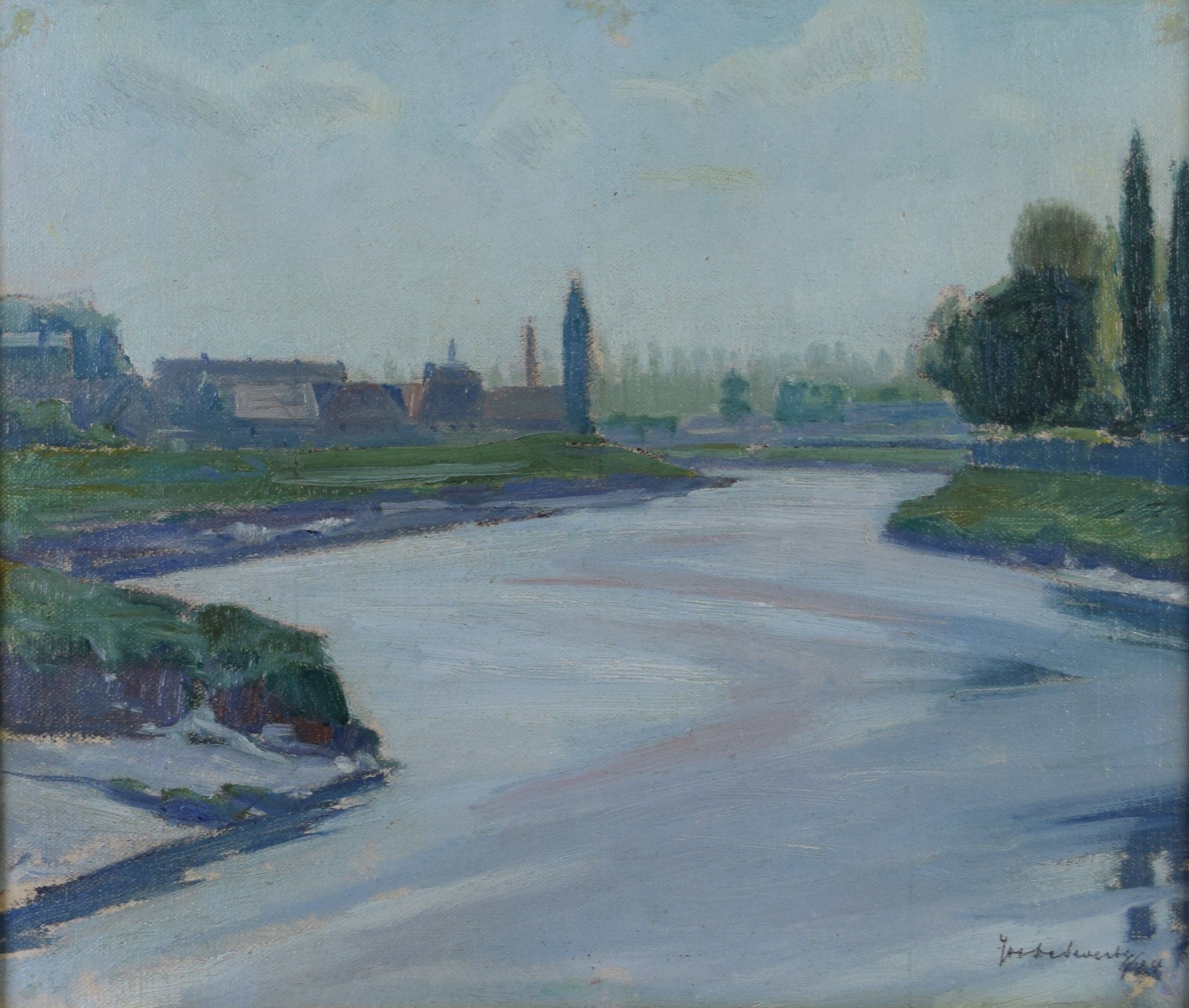 tableau Au loin le village De Swerts Jos (Joseph) paysage,village  huile carton 1ère moitié 20e siècle