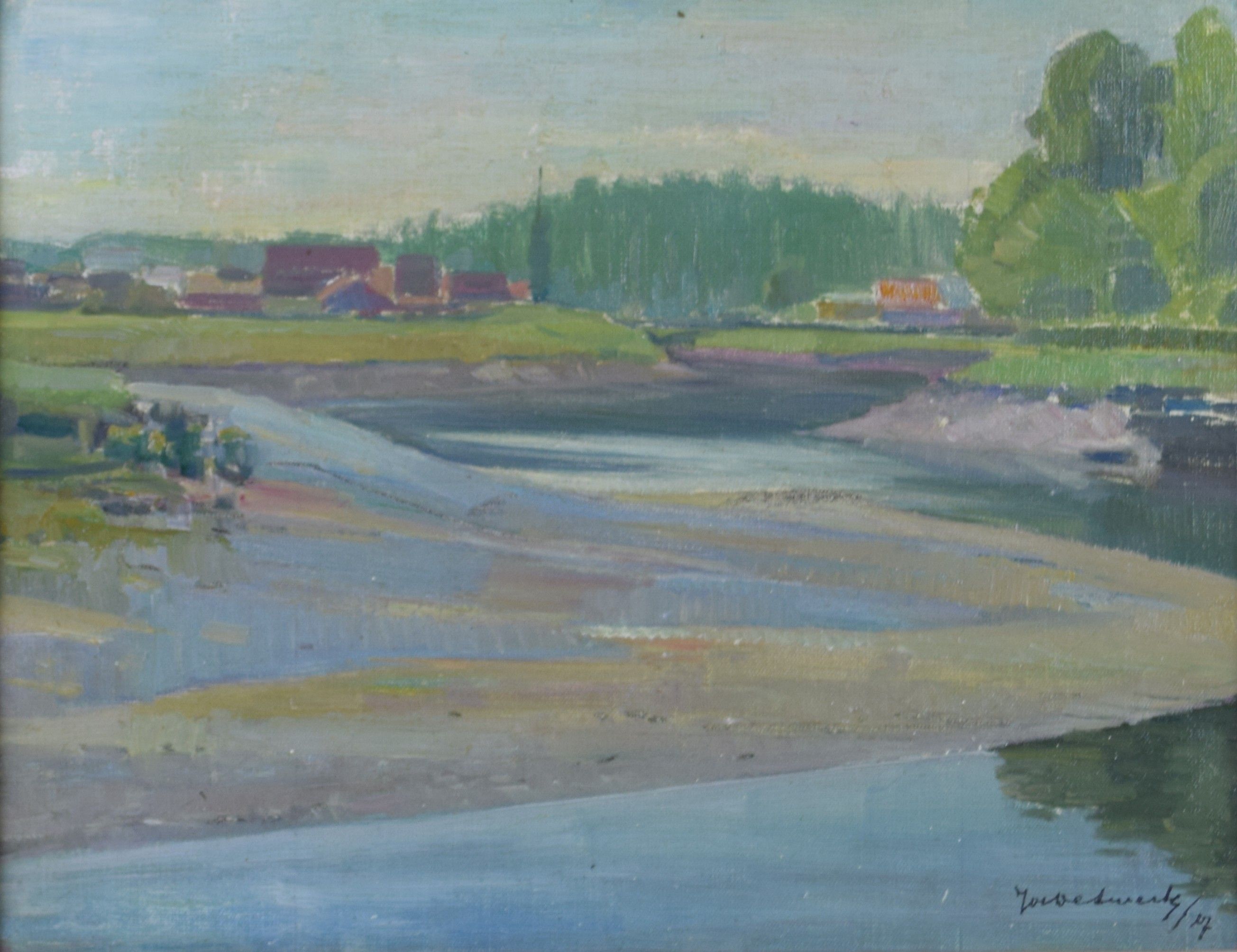 tableau Le méandre  De Swerts Jos (Joseph) paysage,village  huile carton 1ère moitié 20e siècle