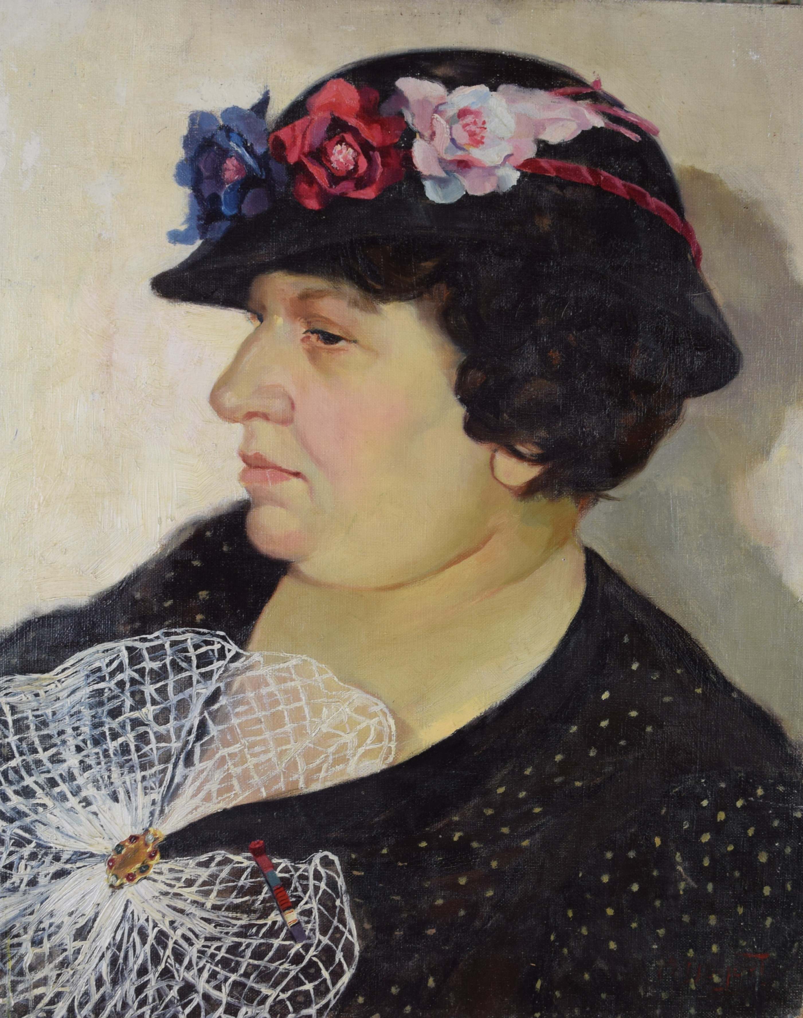 tableau Le chapeau en fleures Duguet Madelaine portrait  huile toile 1ère moitié 20e siècle