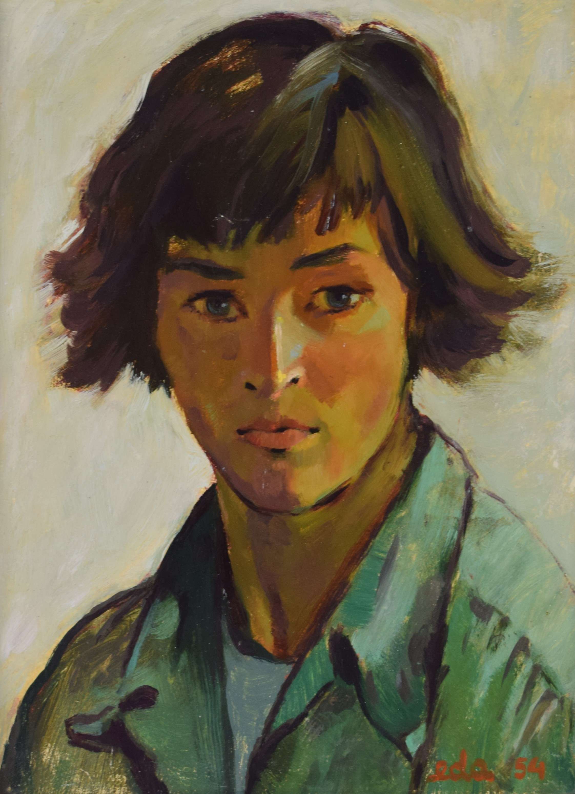 tableau La jeune fille en vert Eda  portrait  huile panneau 1ère moitié 20e siècle