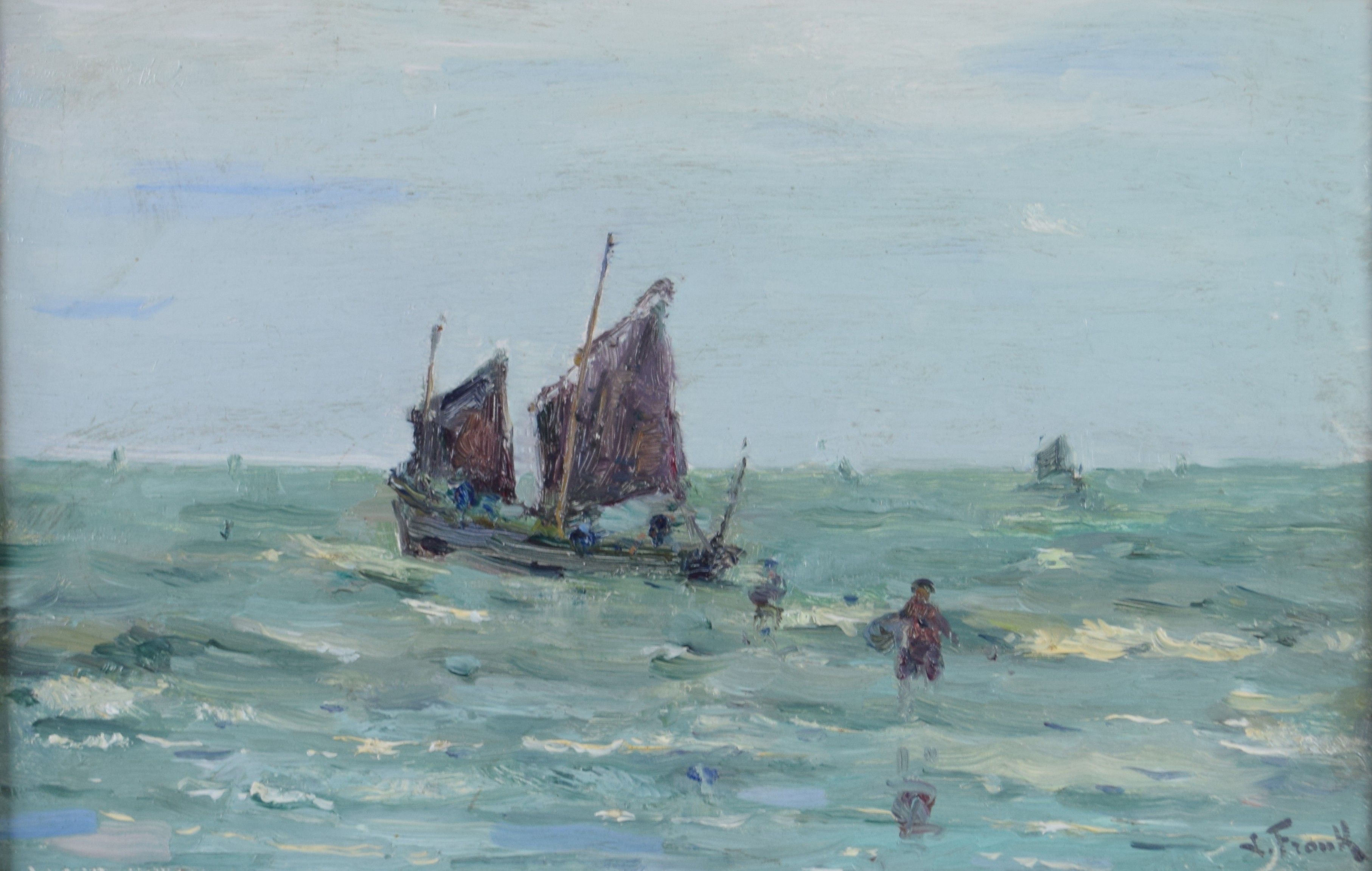 tableau Journée  en mer Frank Lucien marine,personnage  huile panneau 1ère moitié 20e siècle