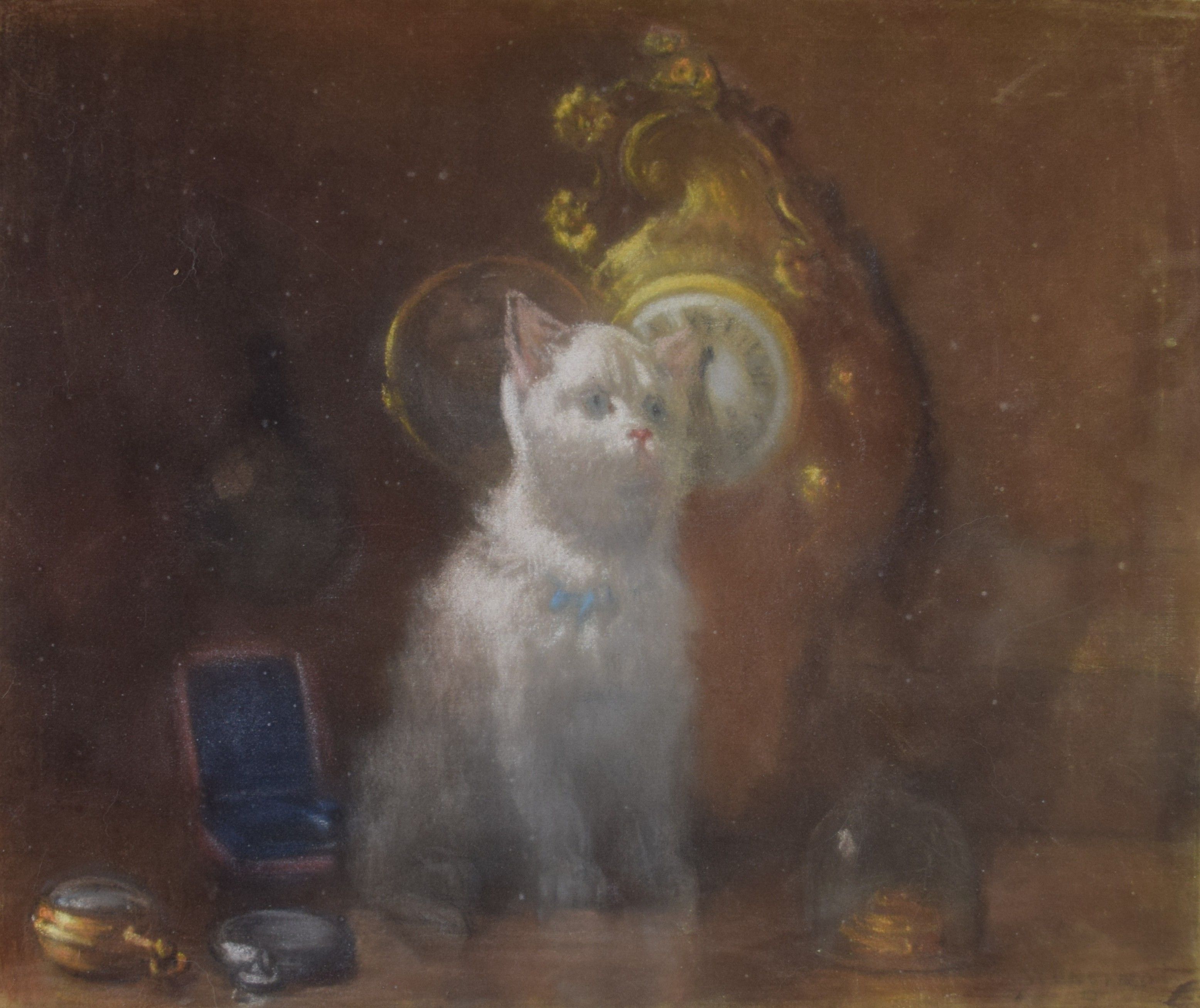 tableau Le chat blanc Monginot Charles animaux,scène d'intérieur  pastel papier 1ère moitié 20e siècle