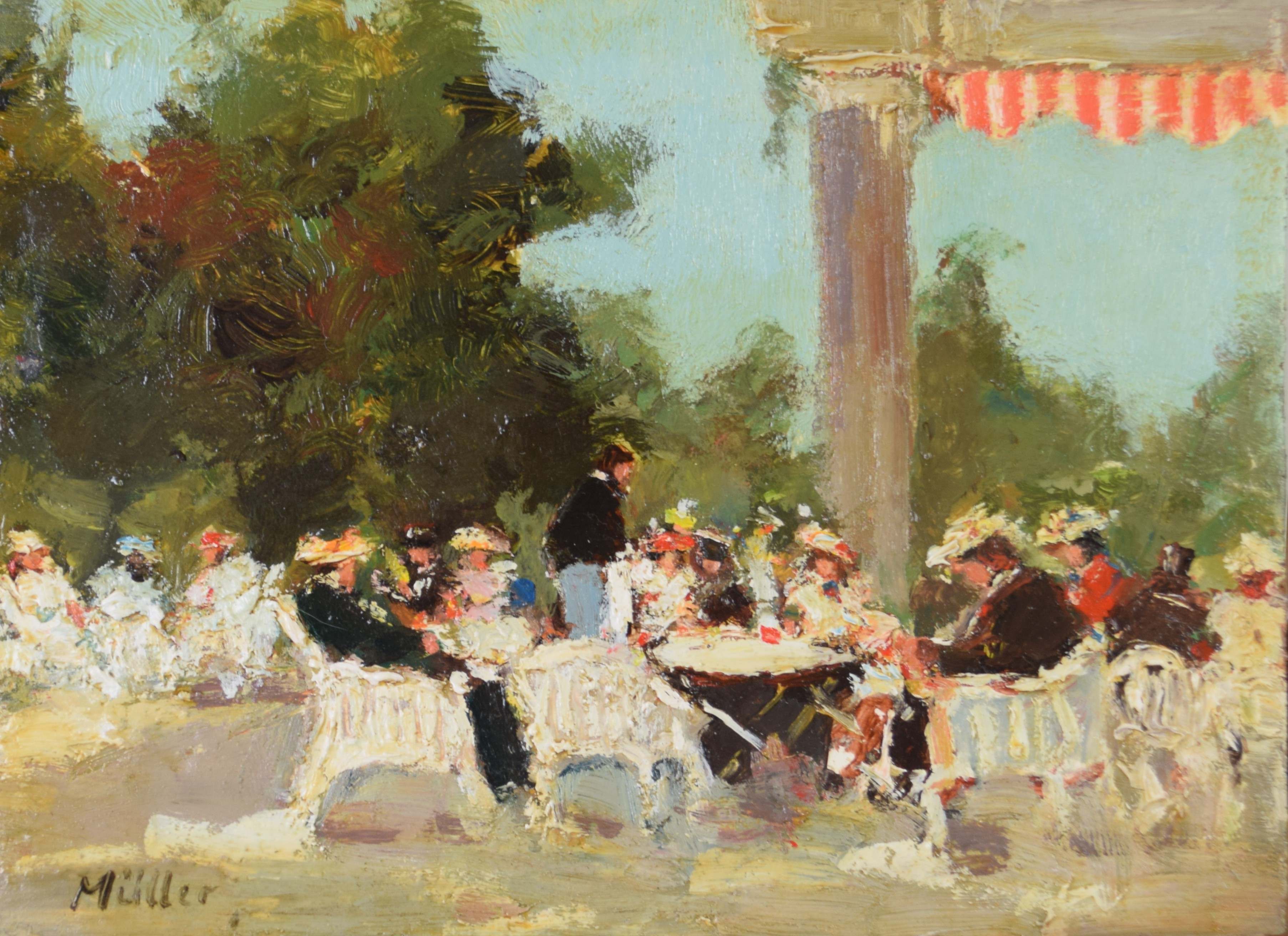 tableau La terrasse  Müller  paysage,village  aquarelle papier 1ère moitié 20e siècle