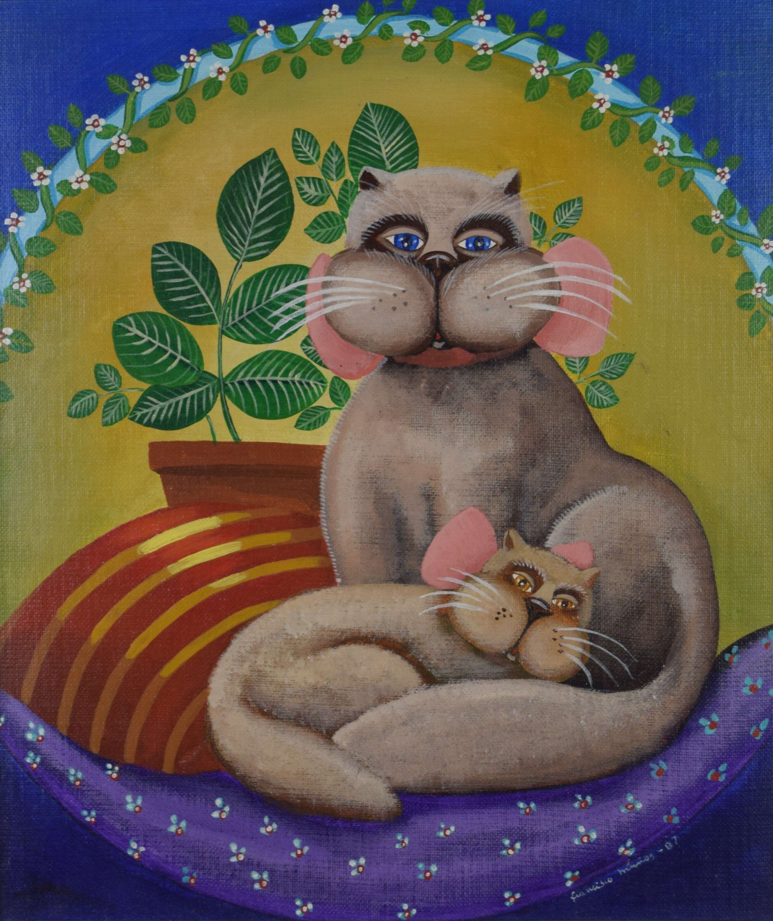 tableau Amour de chats Munoz Francisco animaux  huile toile 2ième moitié 20e siècle