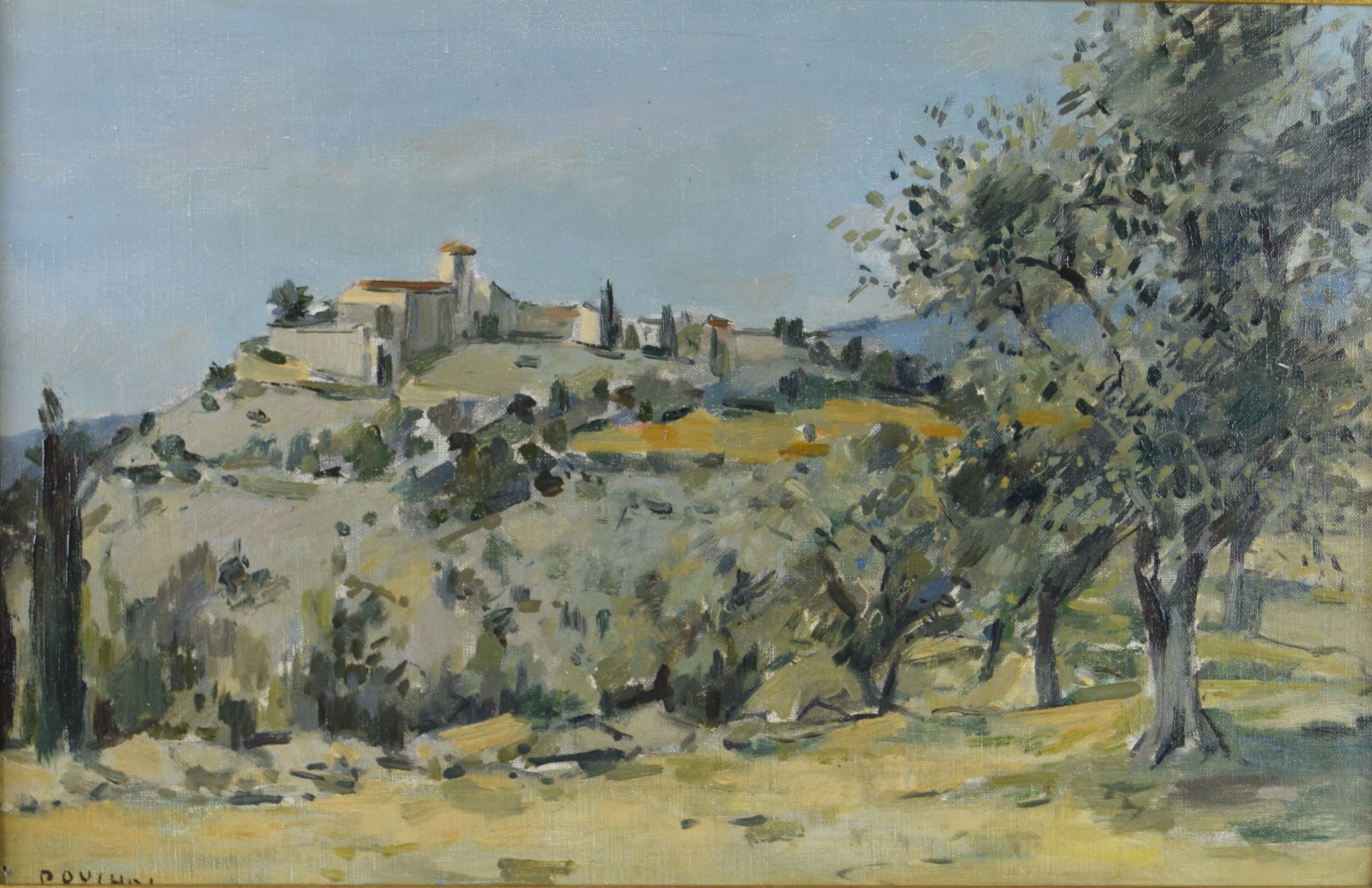 tableau Le village aux oliviers  Pouchol Paul village  huile toile 2ième moitié 20e siècle