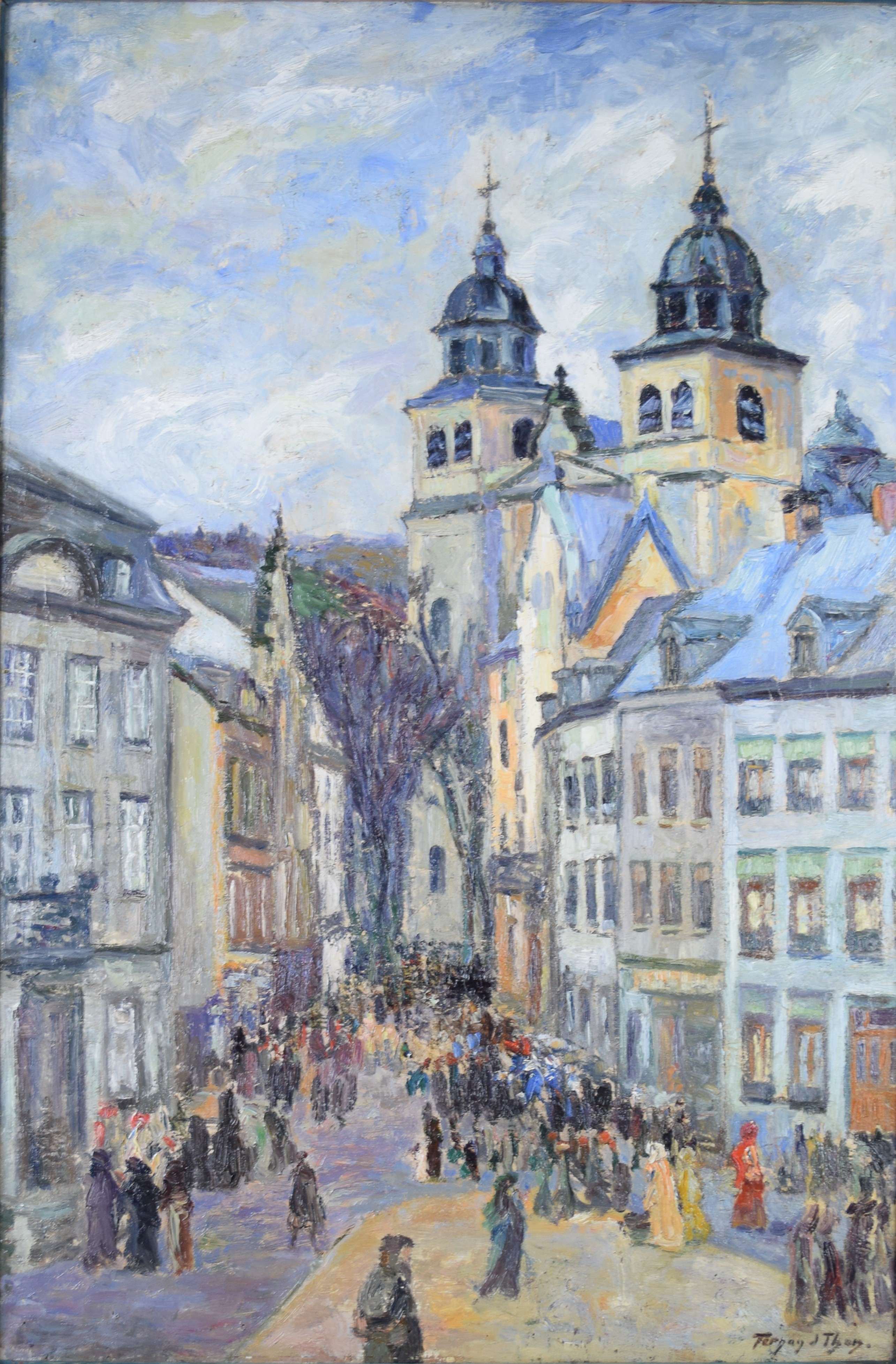tableau Malmédy après l'office Thon Fernand personnage,ville  huile toile 1ère moitié 20e siècle