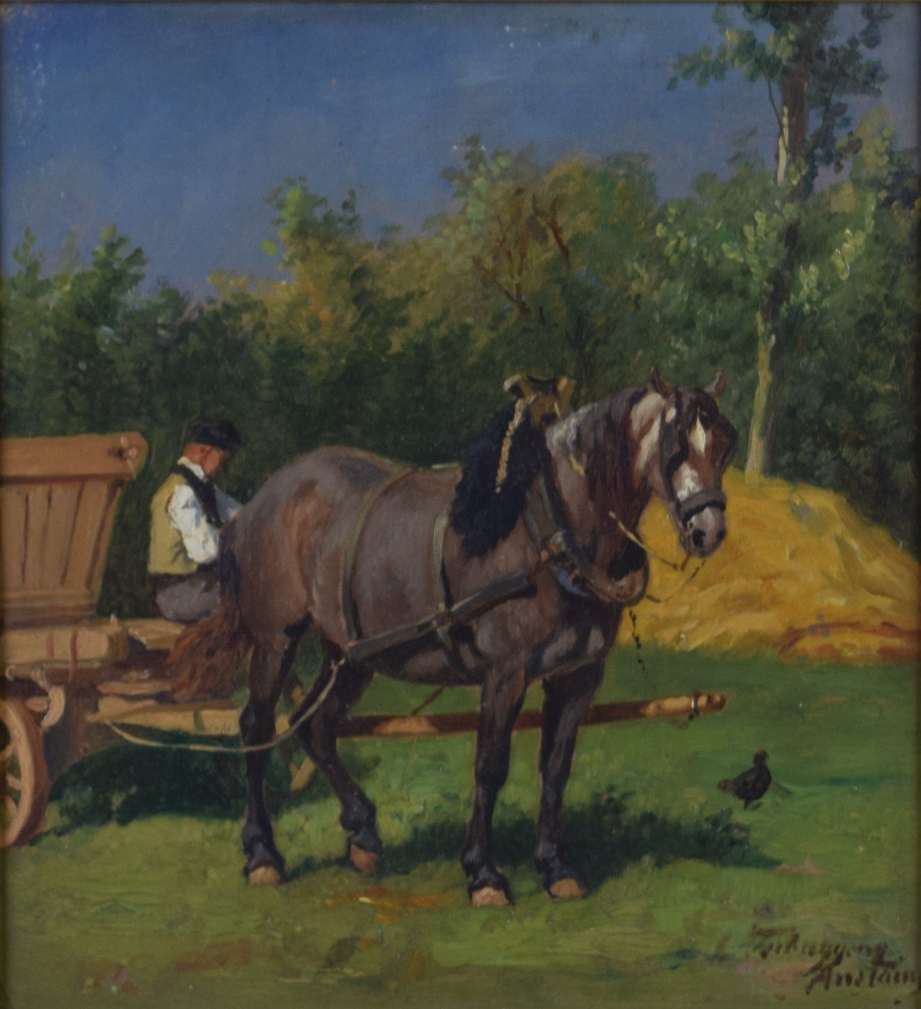 tableau La conduite du chariot Tschaggeny Charles Philogène animaux,personnage,scène rurale  huile panneau 19e siècle