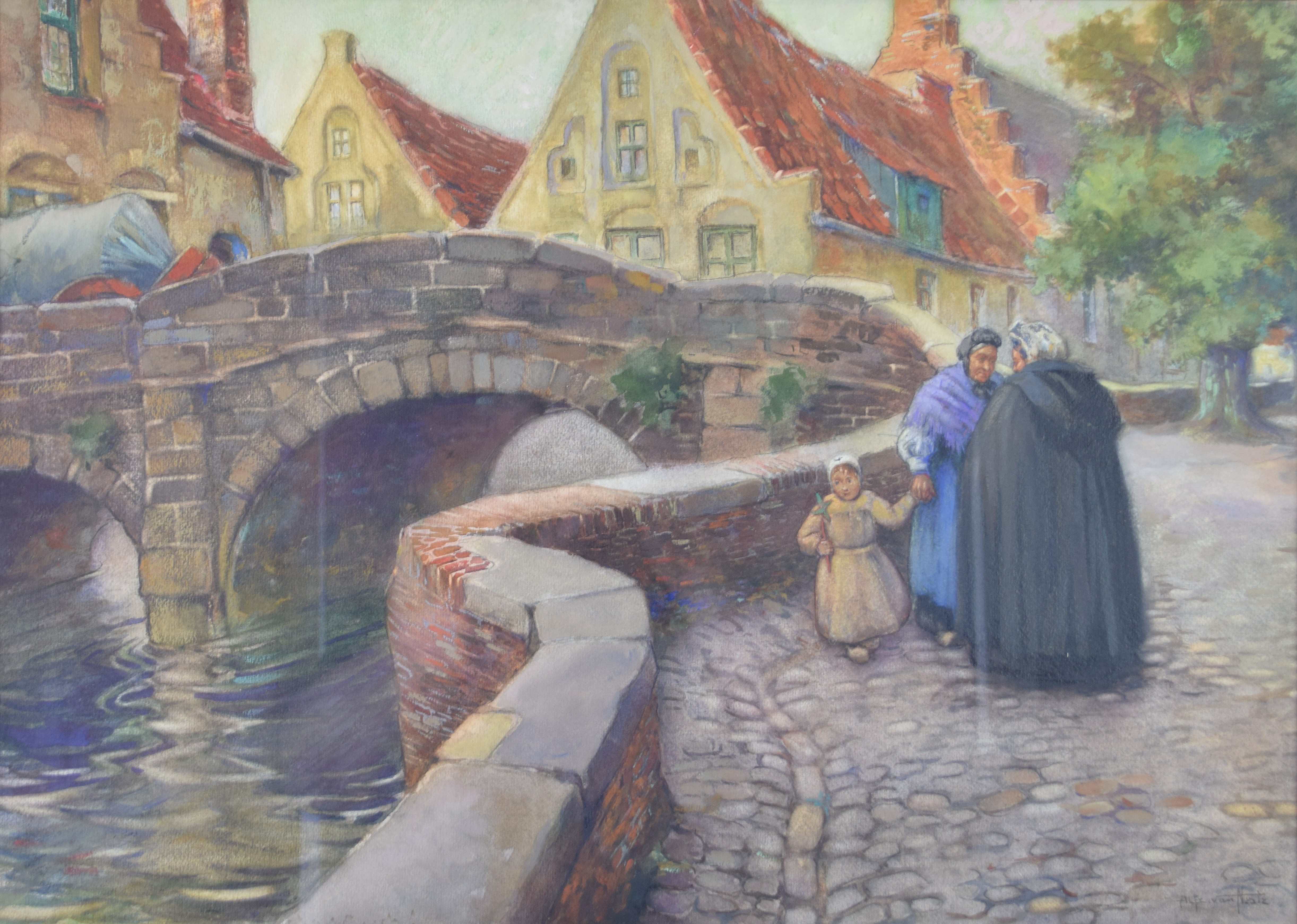 tableau Brugge animé  Van Neste Alfred personnage,ville  pastel papier 1ère moitié 20e siècle