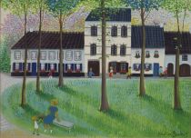 tableau Place d'Ohain la maison du peintre Becker Nadia personnage,village  gouache papier 2ième moitié 20e siècle