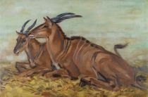 tableau Les antilopes Geldhof Herbert animaux,africaniste  huile toile 2ième moitié 20e siècle
