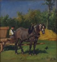 tableau La conduite du chariot Tschaggeny Charles Philogène animaux,personnage,scène rurale  huile panneau 19e siècle