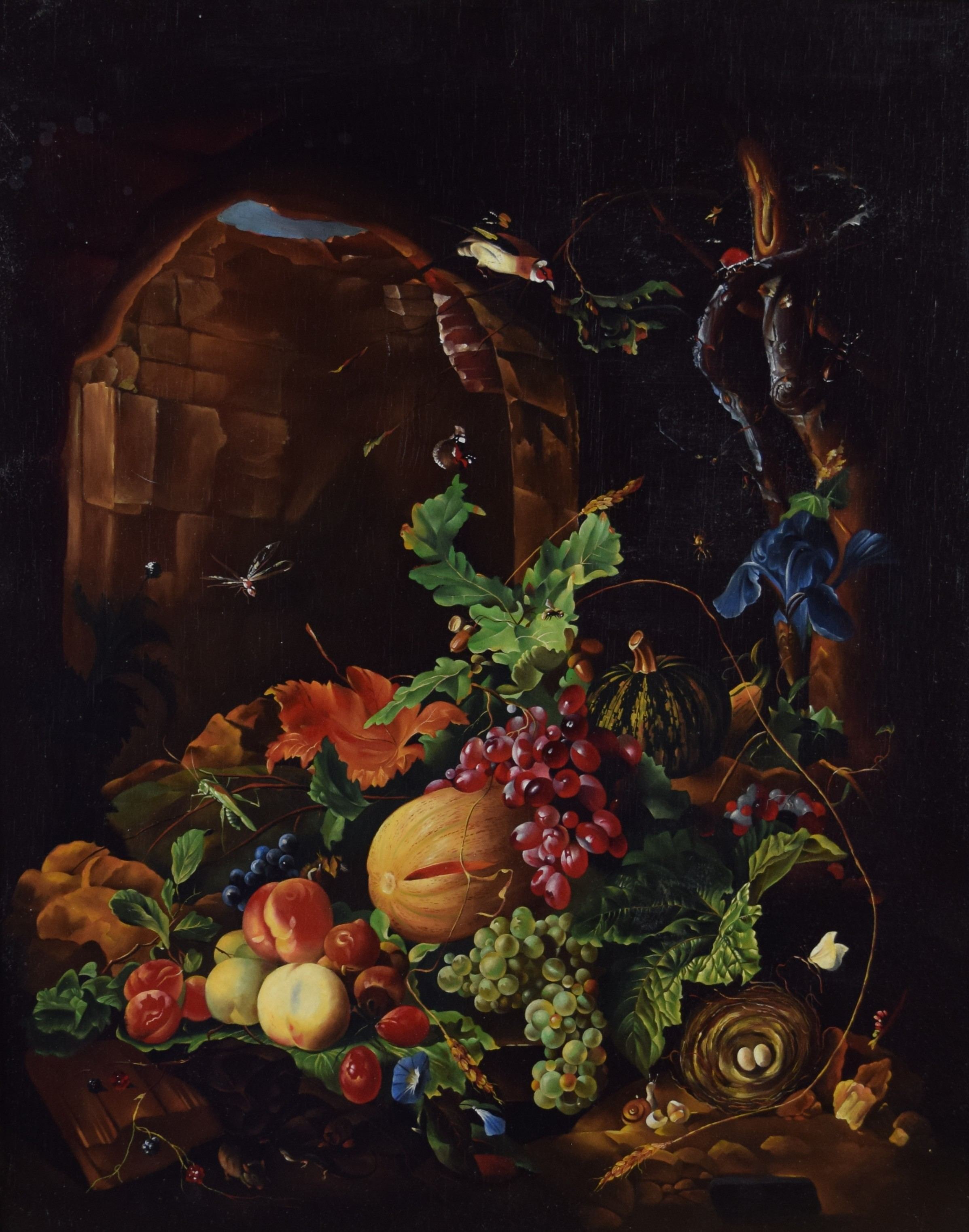 tableau Nature morte (très belle copie) Davidszoon de Heem Jan animaux,fleurs,nature morte  huile panneau 2ième moitié 20e siècle