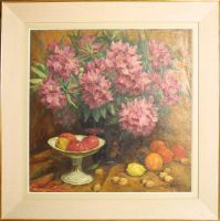 tableau Sur la table Van de Sande René fleurs,nature morte  huile toile 2ième moitié 20e siècle