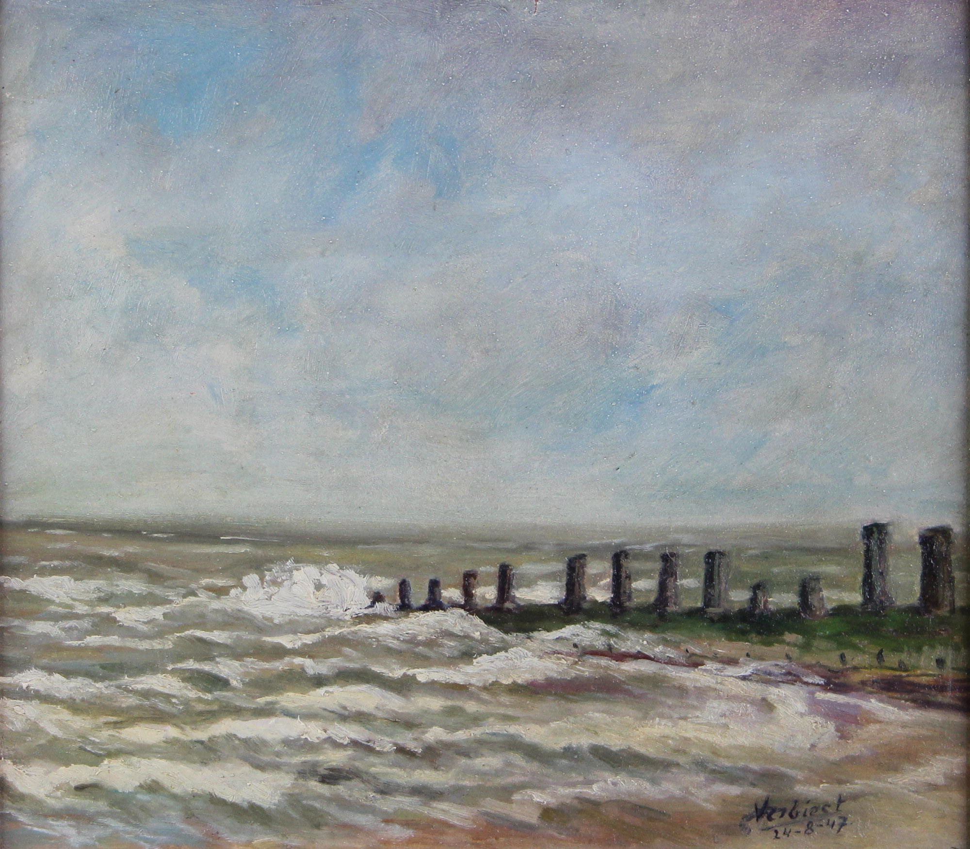 tableau Le brise lame Verbiest Gustave marine,paysage,paysage marin  huile isorel 1ère moitié 20e siècle