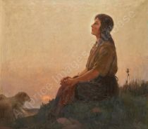 tableau Le couché de soleil Doumont Edmont animaux,paysage,personnage,scène rurale  huile toile 1ère moitié 20e siècle