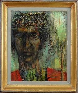 tableau Le christ Conreur Clément religieux  huile isorel 2ième moitié 20e siècle