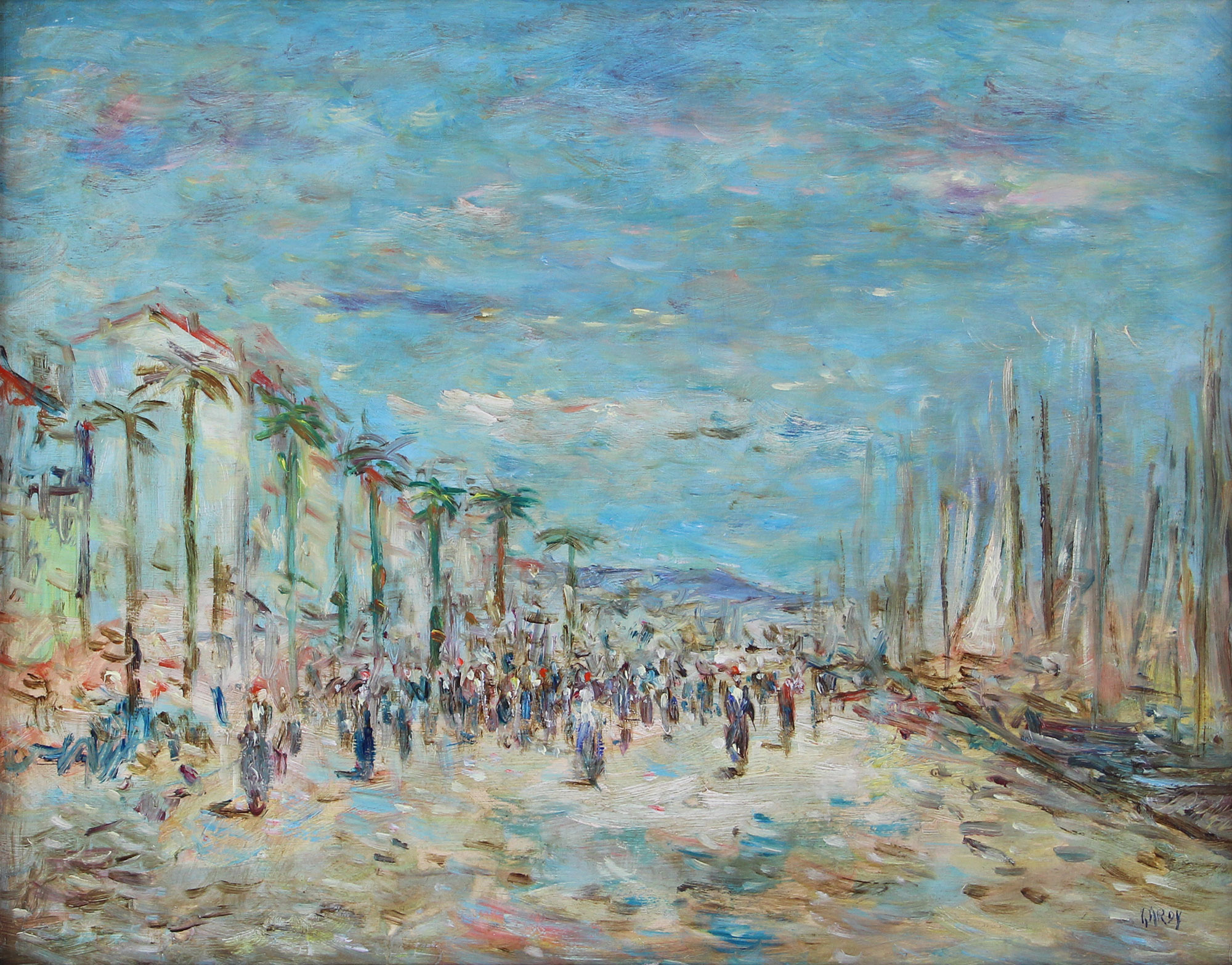 tableau La promenade du port Gardy Claude paysage,paysage marin,personnage,ville  huile panneau 2ième moitié 20e siècle