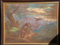 tableau Le renard aux canards   animaux,chasse pêche,paysage,sous-bois  huile toile 19e siècle